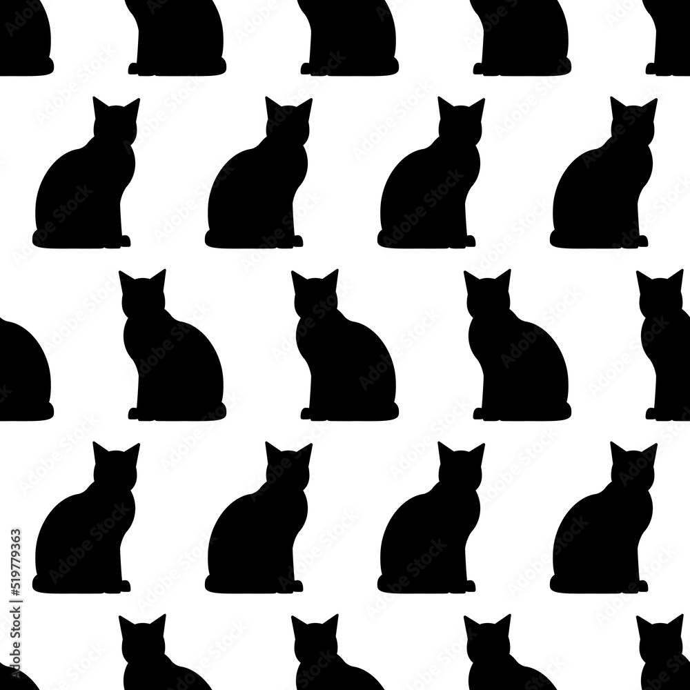 seamless symmetric pattern with silhouettes of black cats isolated on white