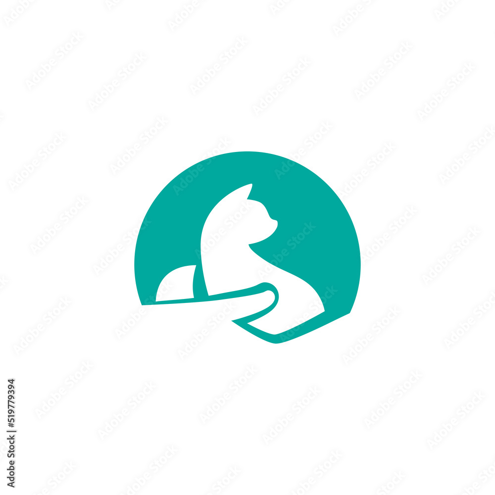 Cat in human hand in blue circle. veterinary logo. Pet's shop. Animal protection, care concept. icon isolated on white.