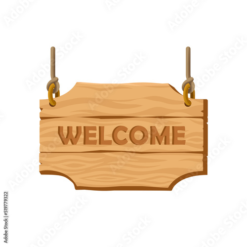 Welcome wooden signpost on ropes cartoon vector illustration. Isolated wooden sign made of bricks.Tavern sign