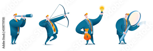 A man in a business suit is looking for a goal and finds a good idea. A set of vector illustrations on the topic of investing and doggie ideas.