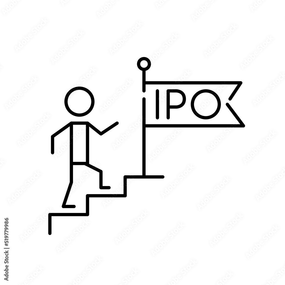 Person climbing a ladder to a flag with letters IPO. Successful business strategy. Pixel perfect, editable stroke line icon Person climbing a ladder to a flag with letters IPO. Successful business strategy. Pixel perfect, editable stroke line icon