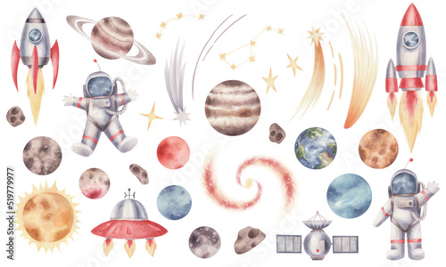 Watercolor set of space icons. Solar sistem objects and rockets and astronauts. Set illustrations on the space theme.