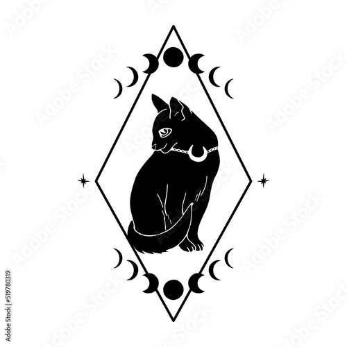 Black silhouette of witch cat and moon phases. Mystic celestial scene.