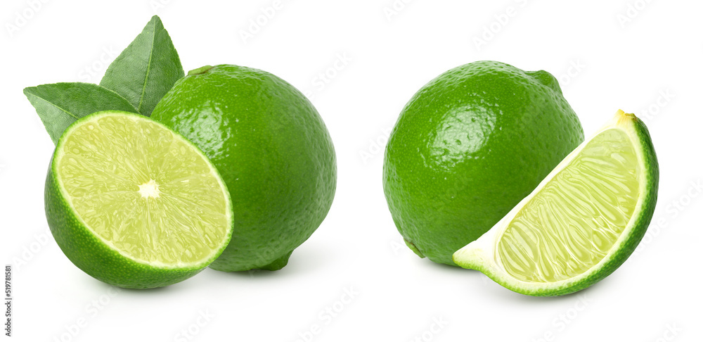 Natural fresh lime and lime slice with green leaf isolated on white background, cut out, collection