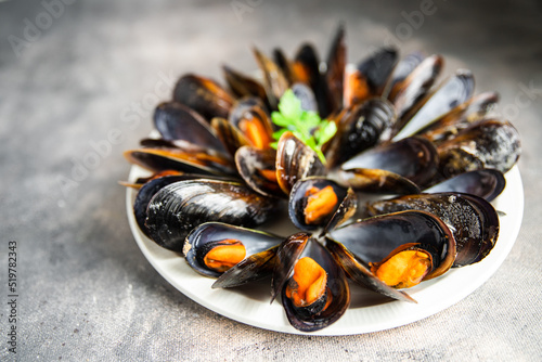 mussels in shells fresh seafood meal on the table copy space food background 