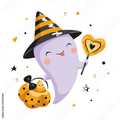 Kawaii ghost for Halloween. Cartoon vector illustration
