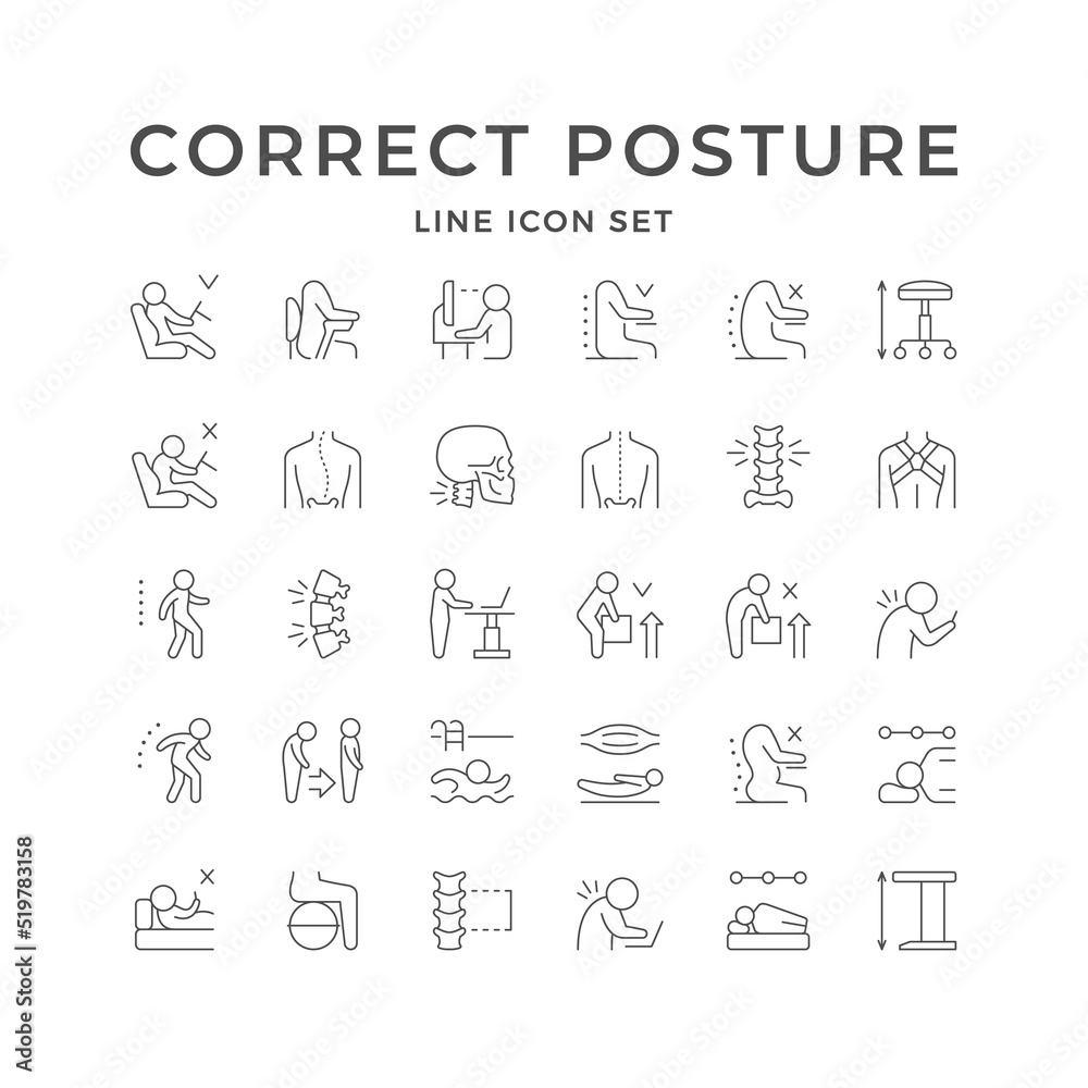 Set line icons of correct posture Set line icons of correct posture