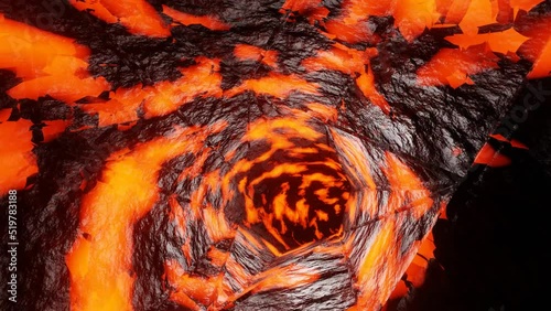 Traveling through volcanic cave or caldera, magma crusted