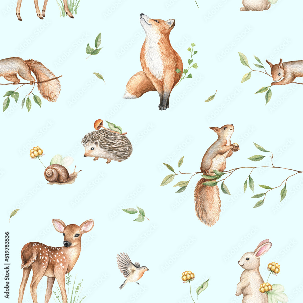 Watercolor seamless pattern with hand drawn wild woodland animals. Light blue background. Baby deer, hedgehog, fox, bunny, squirrel, bird, snail, forest flora. Nursery print, card, paper, textile Watercolor seamless pattern with hand drawn wild woodland animals. Light blue background. Baby deer, hedgehog, fox, bunny, squirrel, bird, snail, forest flora. Nursery print, card, paper, textile