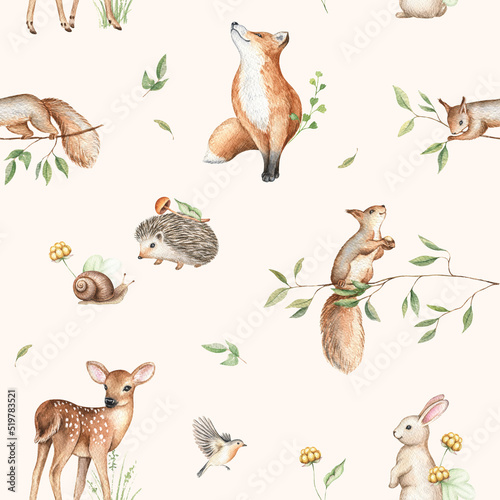 Woodland seamless pattern with wild animals Fototapet