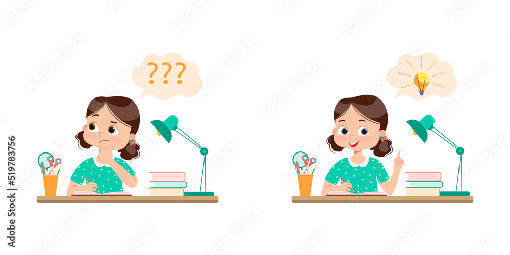 Cute little kid do homework and find the answer. Vector cartoon colorful flat illustration Cute little kid do homework and find the answer. Vector cartoon colorful flat illustration