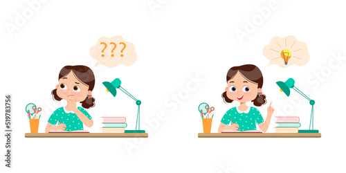Cute little kid do homework and find the answer. Vector cartoon colorful flat illustration	
