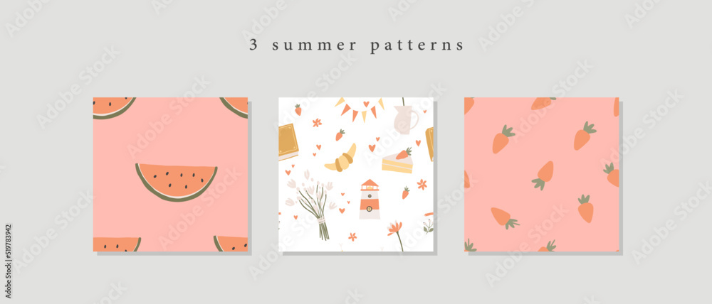Set of simple summer seamless pattern with watermelon, strawberry, food. Fruit fun simple design. Naïve concept for textile, wrapping paper, background design. Hand drawn texture. Vector illustration