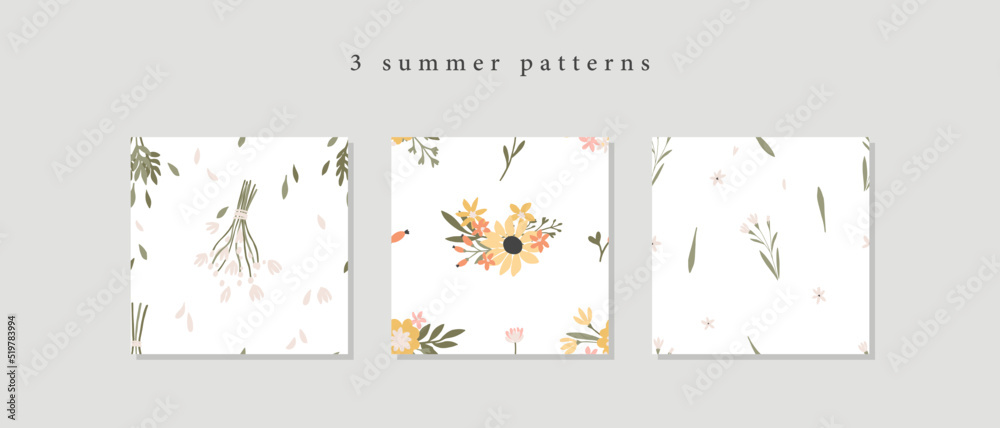 Set of summer tender floral seamless pattern. Vector flat minimalistic hand drawn illustration background collection. Wedding spring or summer wildflowers graphic. Eps 10 Set of summer tender floral seamless pattern. Vector flat minimalistic hand drawn illustration background collection. Wedding spring or summer wildflowers graphic. Eps 10