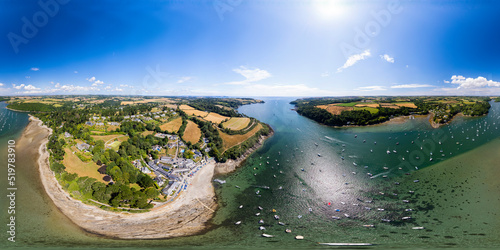 Aerial 360 VR panorama of Helford river and coastline, Lizard peninsula, Cornwall, UK photo