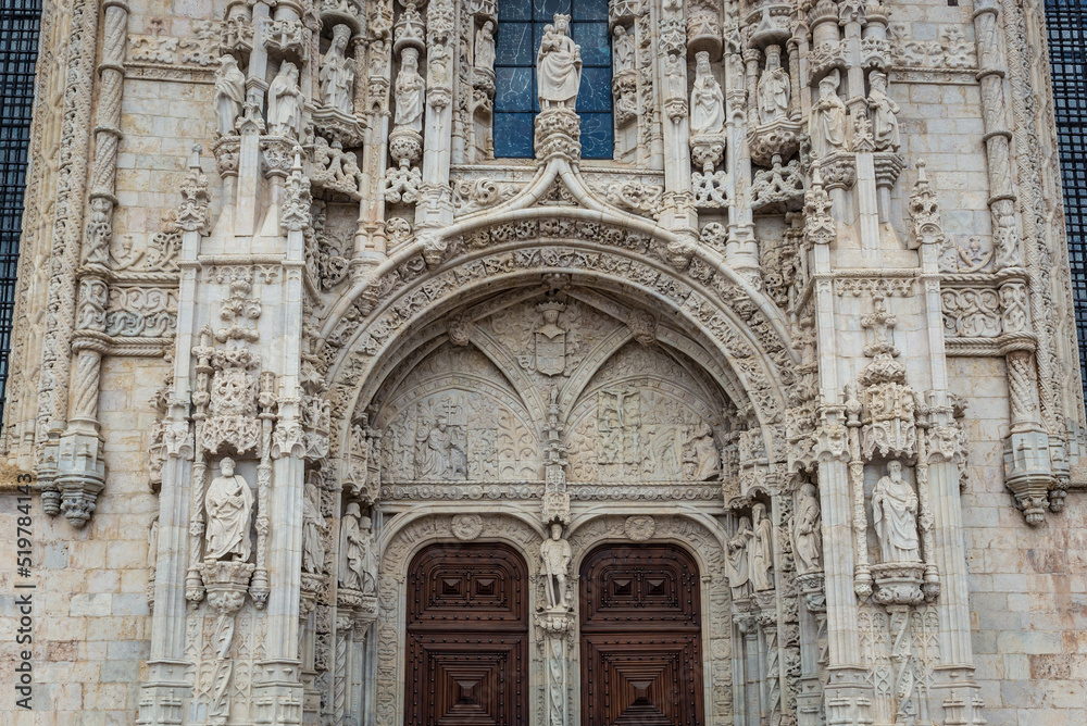 Close up on Jeronimos Monastery portal in Belem area, Lisbon, Portugal