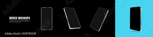 Presentation modern phone with blank screen. Mobile phone from different angles. Phone is on the side, straight and slanted. Realistic modern phone on isolated background from different angles