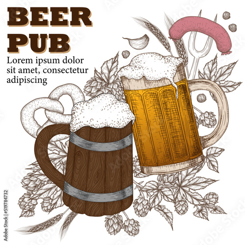 Vector illustration banner template for beer bar in engraving style. Graphic linear two cups of beer, hops, spikelets, pretzel, sausage, garlic