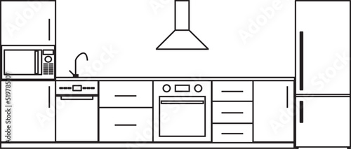 Interiors de cocina completa con nevera, horno, lavavajillas y fregadero vista de fernte. Icono Vector