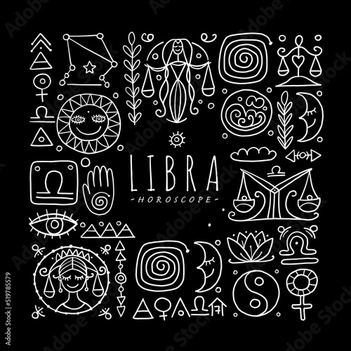 Illustration of Libra zodiac sign. Element of Air. Design of Astrology Calend...