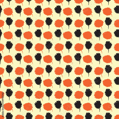 orange and black cute flowers with yellow background seamless repeat pattern