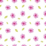 Watercolor pink flowers seamless pattern illustration isolated on white background. Botanical painting.