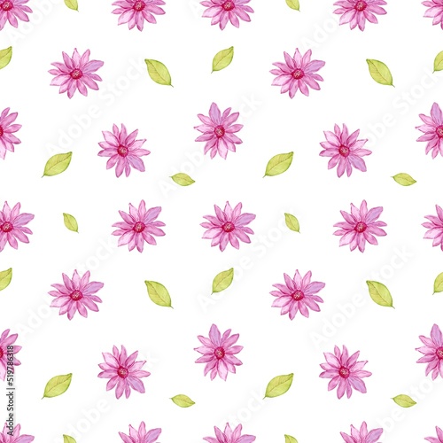 Watercolor pink flowers seamless pattern illustration isolated on white background. Botanical painting.