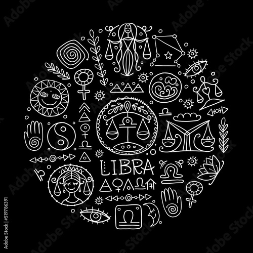 Illustration of Libra zodiac sign. Element of Air. Design of Astrology Calend...