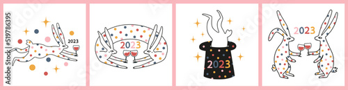 Vector celebration set illustration of Chinese New Year 2023 symbol, rabbits with red wine glasses. Party typography poster with black line art hares and colored splashes and stars. Abstract confetti 
