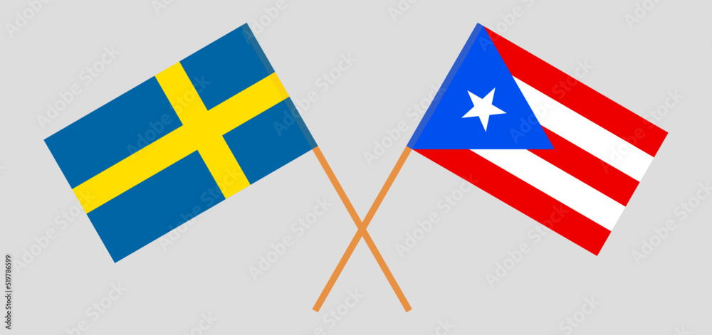 Crossed flags of Sweden and Puerto Rico. Official colors. Correct proportion
