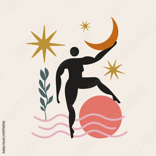 Vector abstract illustration with woman silhouette, stars, sun and young moon. Inspirational nature lover print design, holistic healing meditation, reiki new age concept art, modern female abstract
