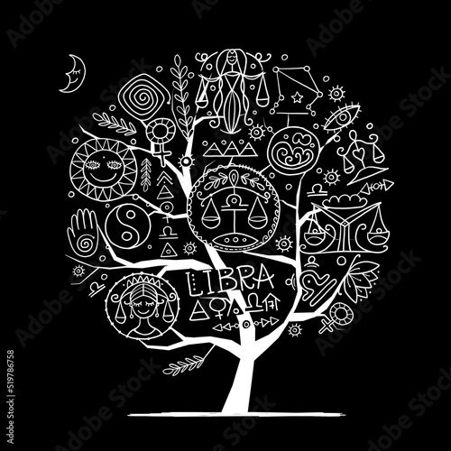 Libra Zodiac Tree. Element of Air. Design of Astrology Calendar, Horoscope, P...