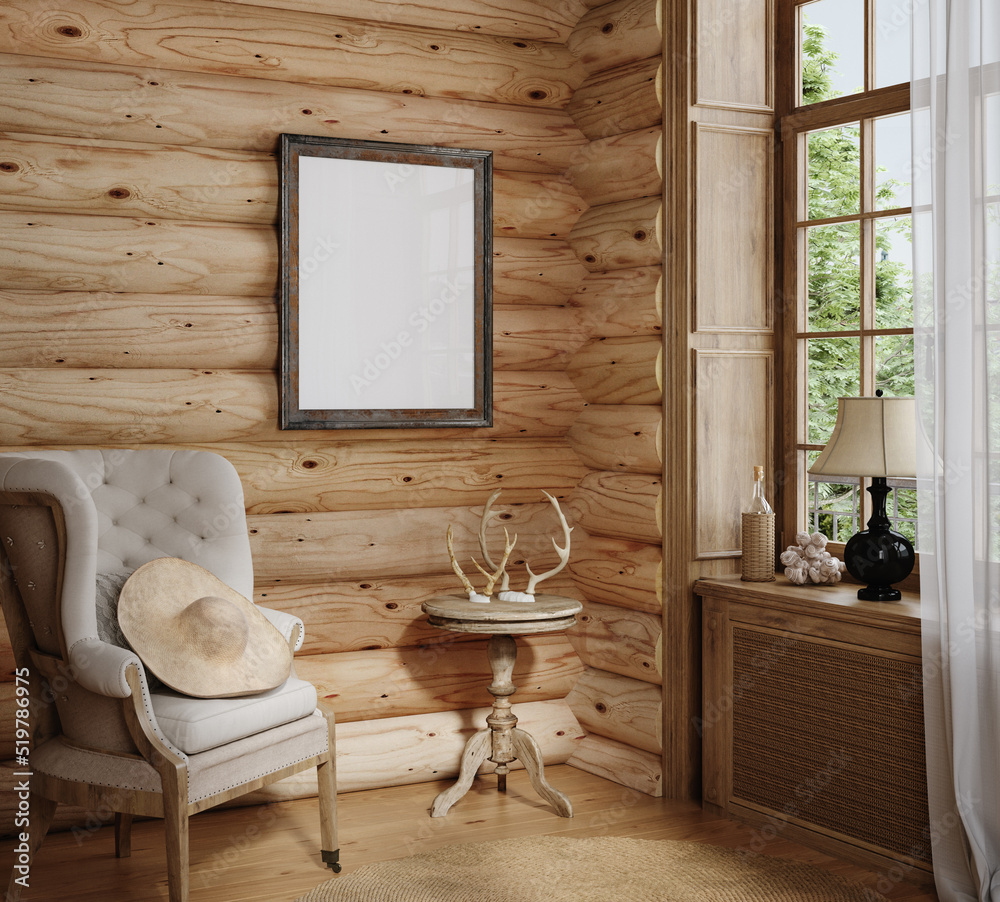 Fototapeta premium Home mockup, cozy log cabin interior background, 3d render