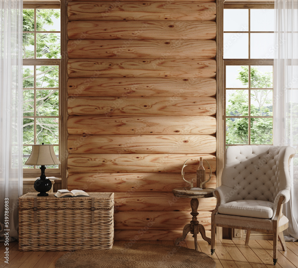 Obraz premium Home mockup, cozy log cabin interior background, 3d render