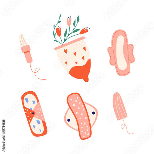 Female regular menstrual pad, cycle concept. Women period, menstruation, premenstrual syndrome, uterus. Hand draw vector illustrations.