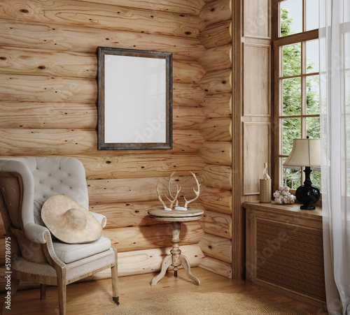 Home mockup, cozy log cabin interior background, 3d render