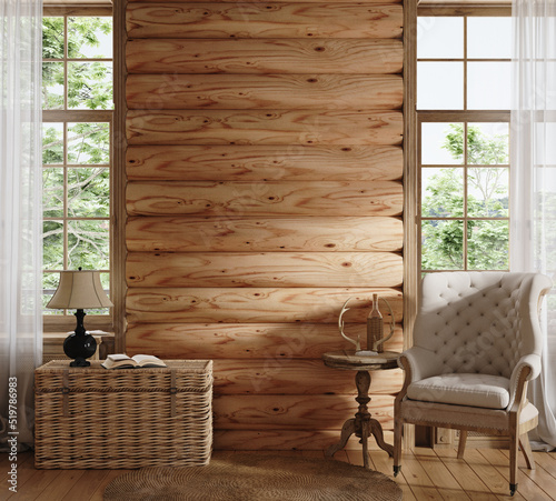Stampa su tela Home mockup, cozy log cabin interior background, 3d render