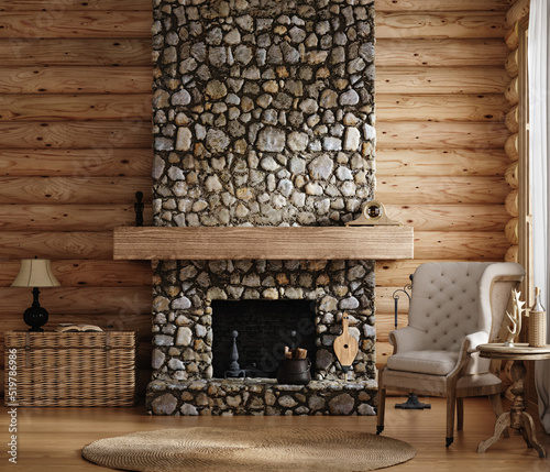 Photo Home mockup, cozy log cabin interior background, 3d render