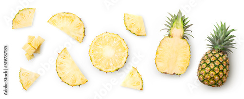 Whole and sliced pineapple isolated on white background. Top view.