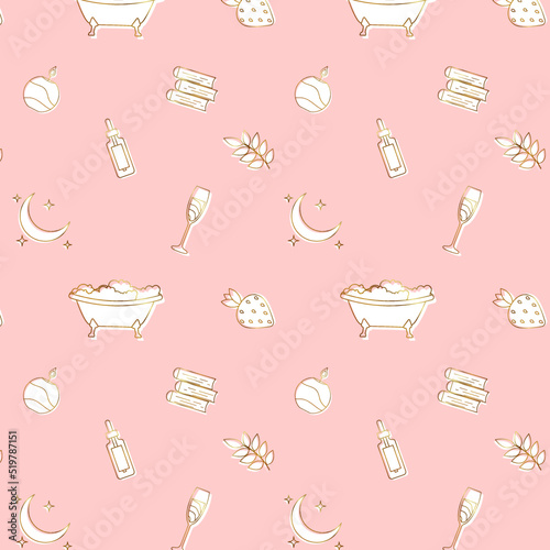 Love seamless pattern, set of girly pink and golden icon stickers, illustration, selfcare, crown, candle, bath, wineglass, books, moisture, leaf, health	
