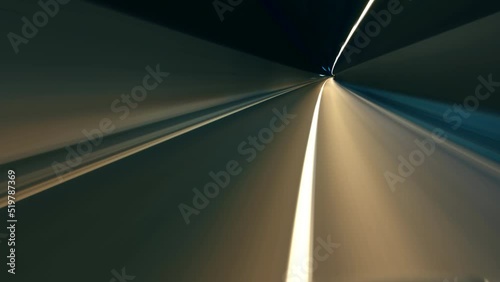 Light trail in tunnel. Driving through tunnel, fish-eye, time-lapse, motion blur