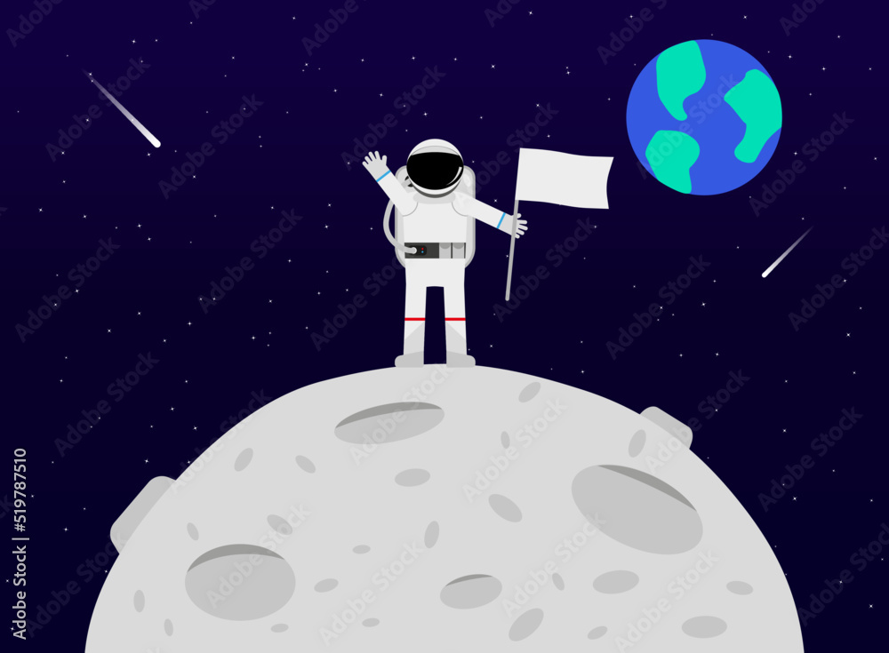 Fototapeta premium An astronaut stands on the moon. An astronaut in a suit and a flag in his hands. Planet earth in the background. Bright starry sky and falling comets. Vector illustration. EPS 10