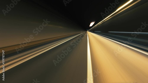 Light trail in tunnel. Driving through tunnel, fish-eye, time-lapse, motion blur