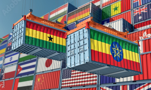 Cargo containers with Ethiopia and Ghana national flags. 3D Rendering