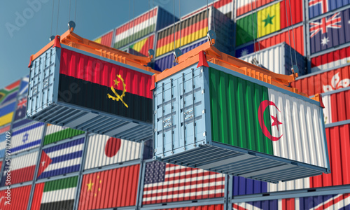 Cargo containers with Angola and Algeria national flags. 3D Rendering