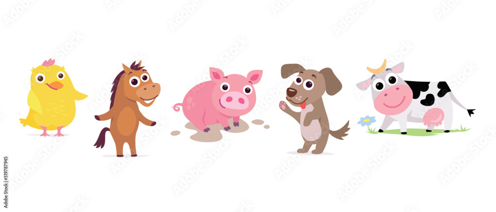 Naklejka premium Set of simple cute animals: horse, cow, dog, pig, chicken