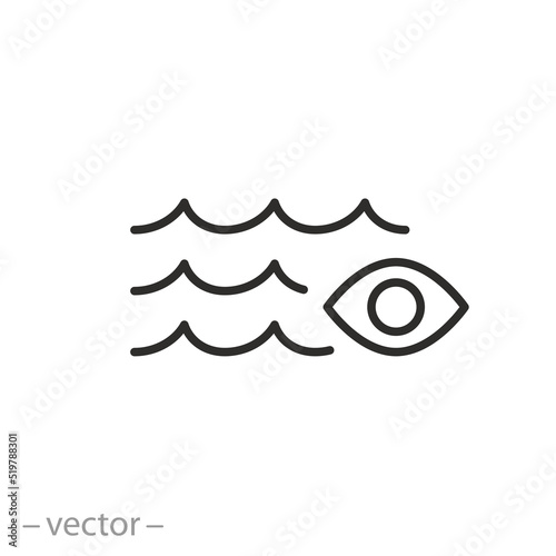 sea view icon, eye and ocean waves, watch the body of water, thin line symbol on white background - editable stroke vector illustration