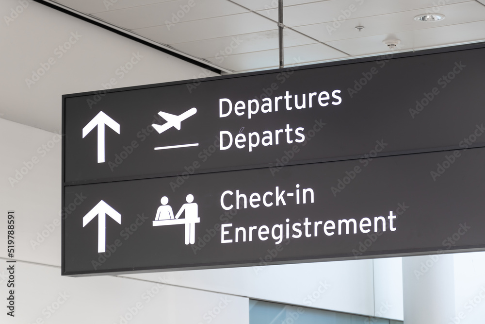 Departures and Check-in Airport Sign (English, French)