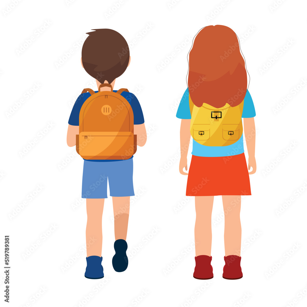 children with backpack back view. Schoolboy and schoolgirl with bags isolated on the white background. View from the back. children with backpack back view. Schoolboy and schoolgirl with bags isolated on the white background. View from the back.