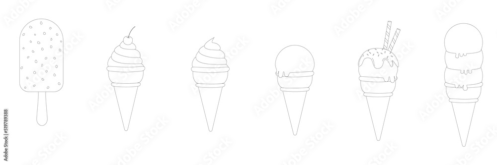 contour drawings, a set of ice cream contour drawings, a set of ice cream